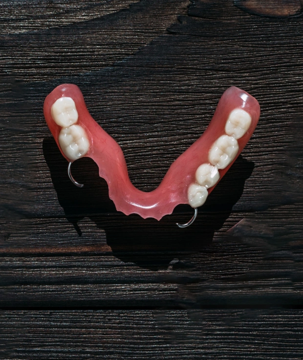 Dental prosthetic model showing pink gum base with white artificial teeth arranged in U-shape on dark wooden surface.